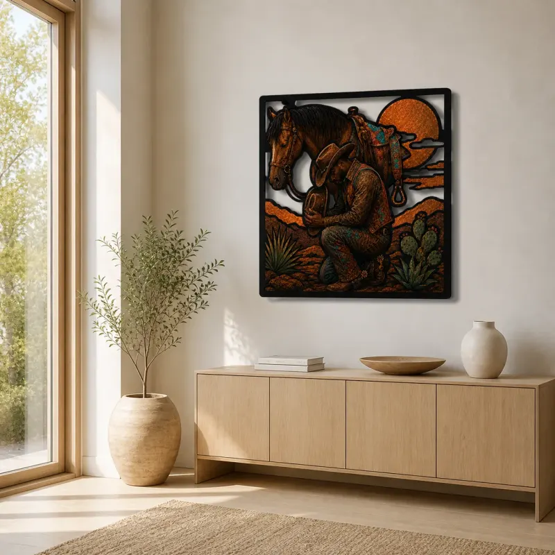 Praying Cowboy beside Saddled Horse at Sunset Colorful Metal Wall Art