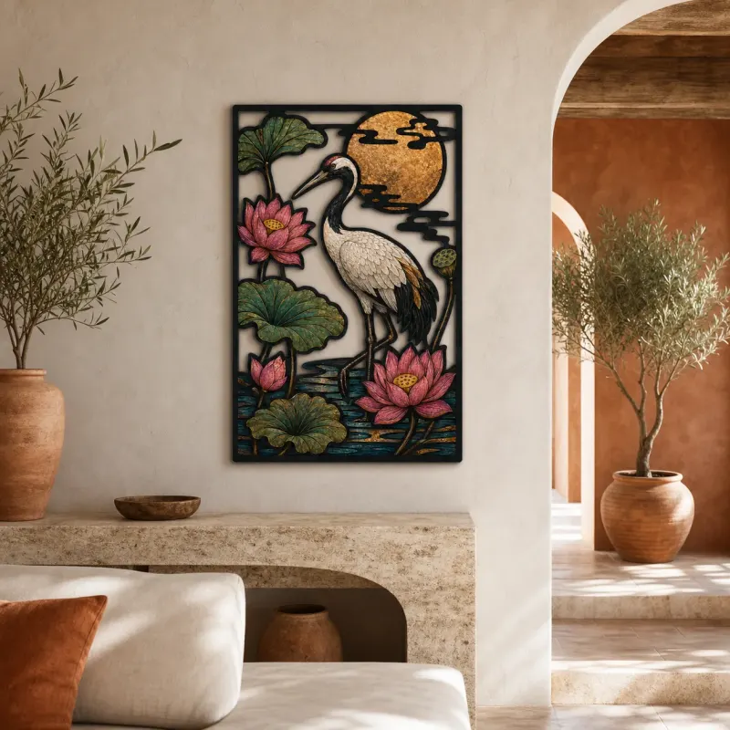 Crane in Lotus Pond beneath Copper Moon Colorful Metal Wall Art