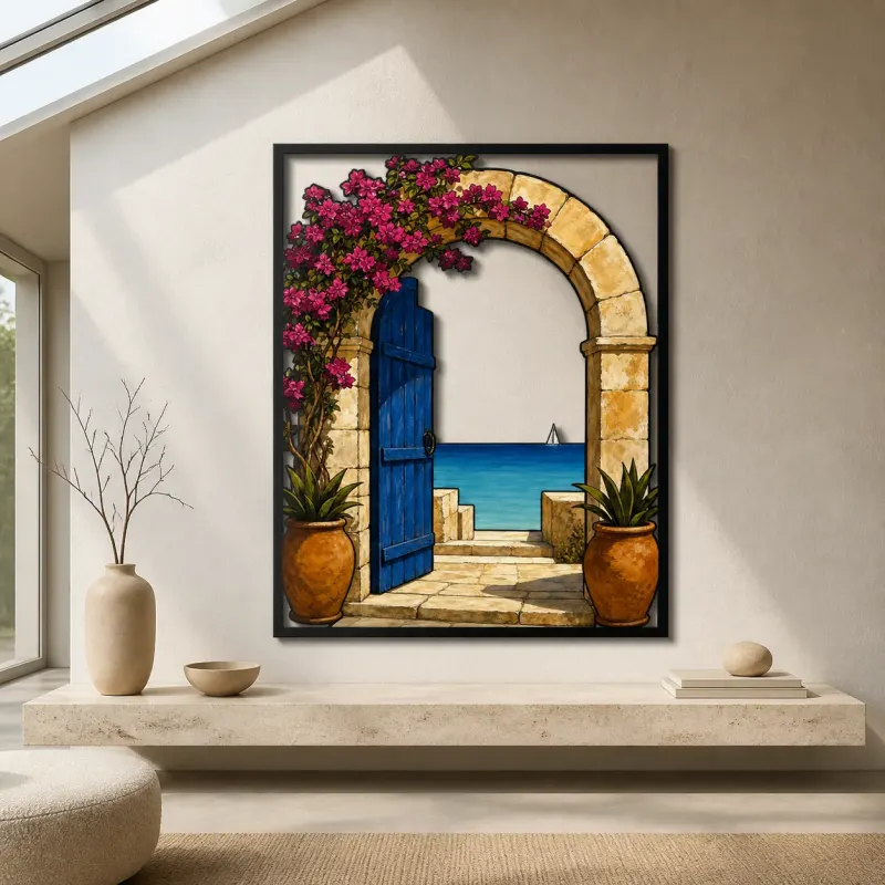 Blue Mediterranean Door with Bougainvillea and Sea Colorful Metal Wall Art
