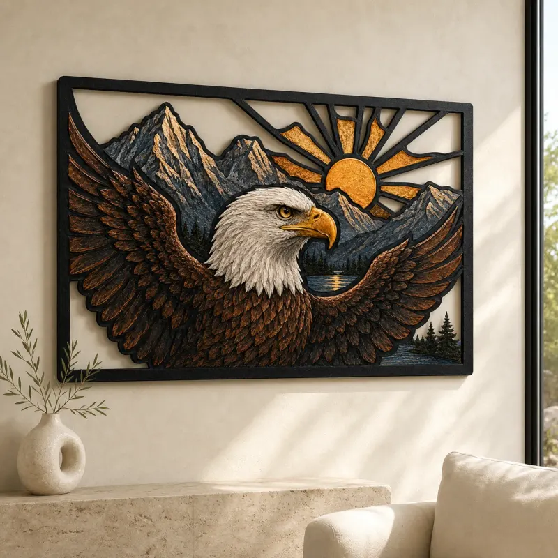 Bald Eagle Flying over Mountains at Sunrise Colorful Metal Wall Art
