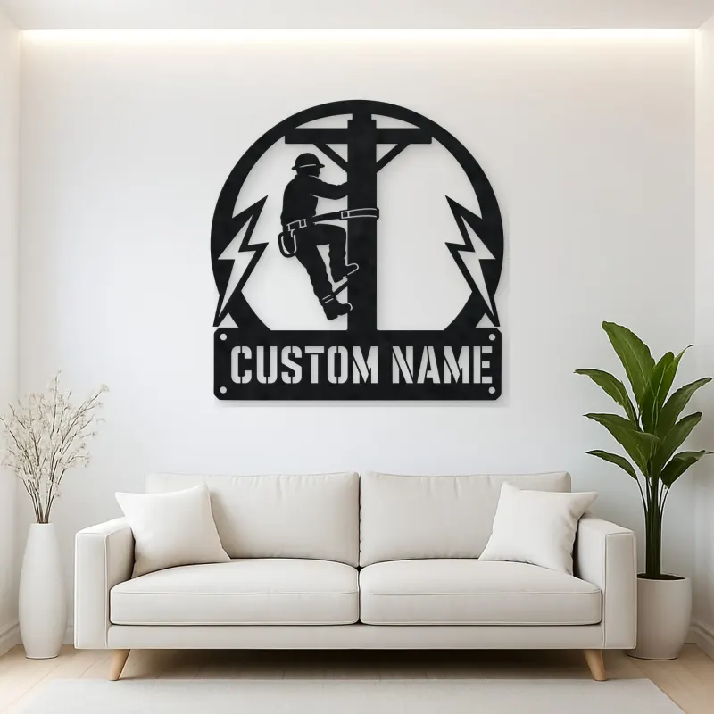 Personalized Electrical Lineman Metal Wall Art with Utility Pole