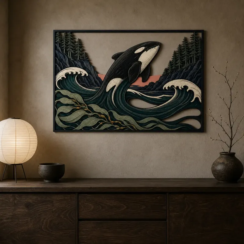 Orca Leaping through Ocean Waves by Pine Forest Colorful Metal Wall Art
