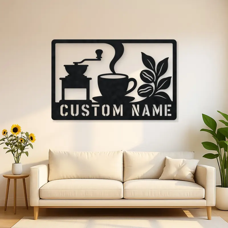 Personalized Coffee Station Metal Wall Art with Grinder