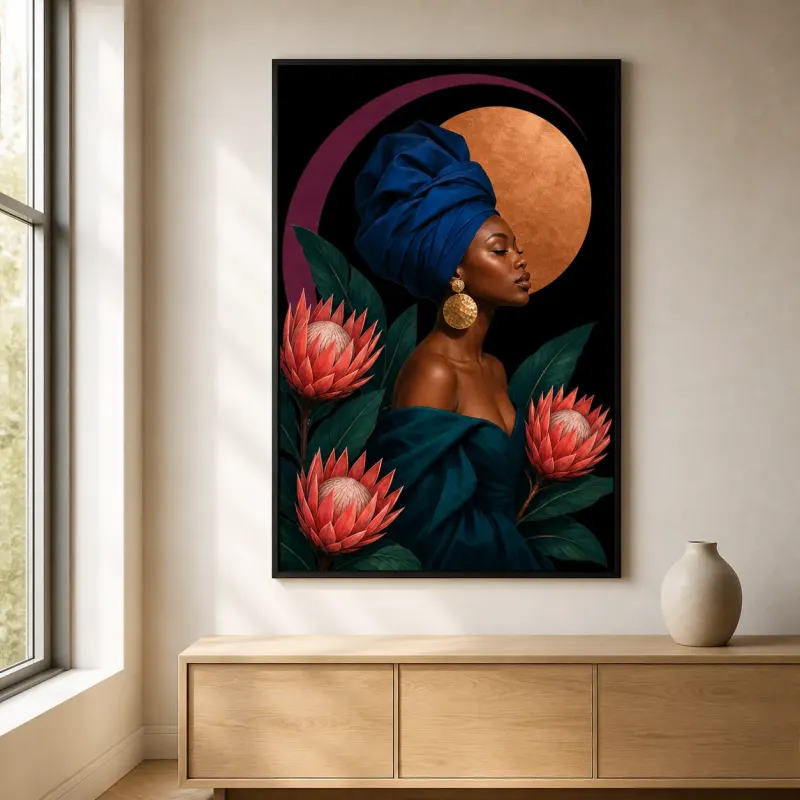Black Woman in Blue Headwrap with Protea Flowers Colorful Metal Wall Art