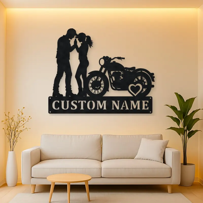 Personalized Vintage Motorcycle Couple Metal Wall Art with Heart