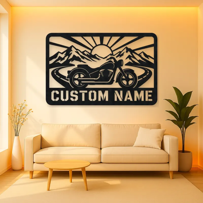Personalized Cruiser Motorcycle Metal Wall Art with Mountain Road