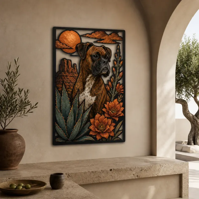 Boxer Dog with Desert Agave and Sunset Colorful Metal Wall Art