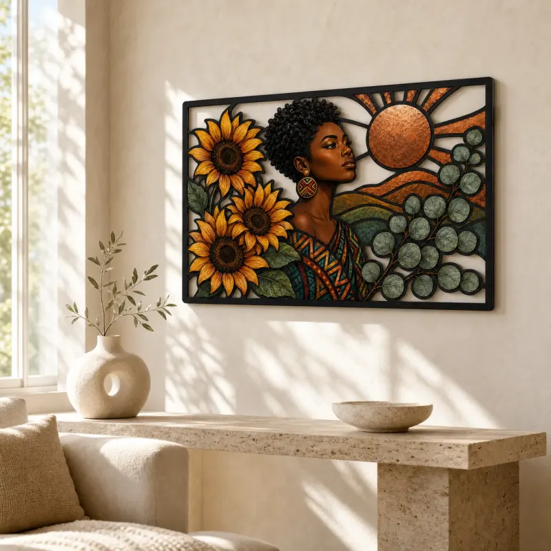 Afro Woman with Sunflowers and Copper Sun Colorful Metal Wall Art