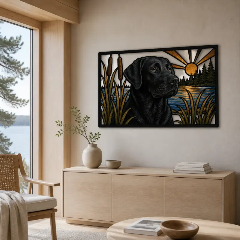Black Labrador by Lake Cattails at Sunrise Colorful Metal Wall Art
