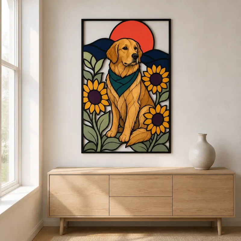 Golden Retriever with Sunflowers and Red Sun Colorful Metal Wall Art
