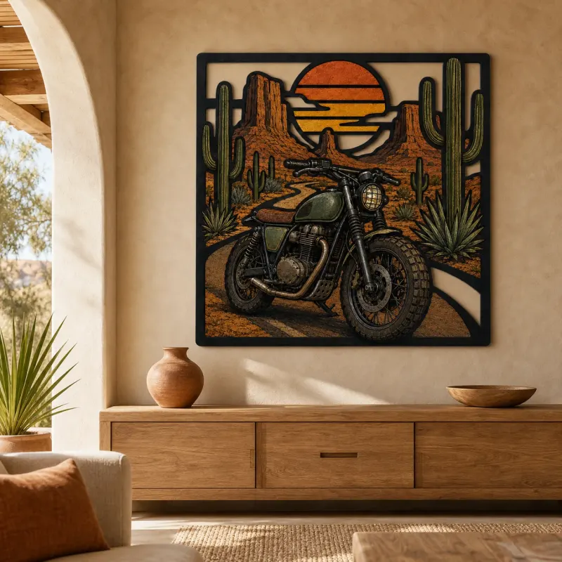 Scrambler Motorcycle on Desert Highway at Sunset Colorful Metal Wall Art