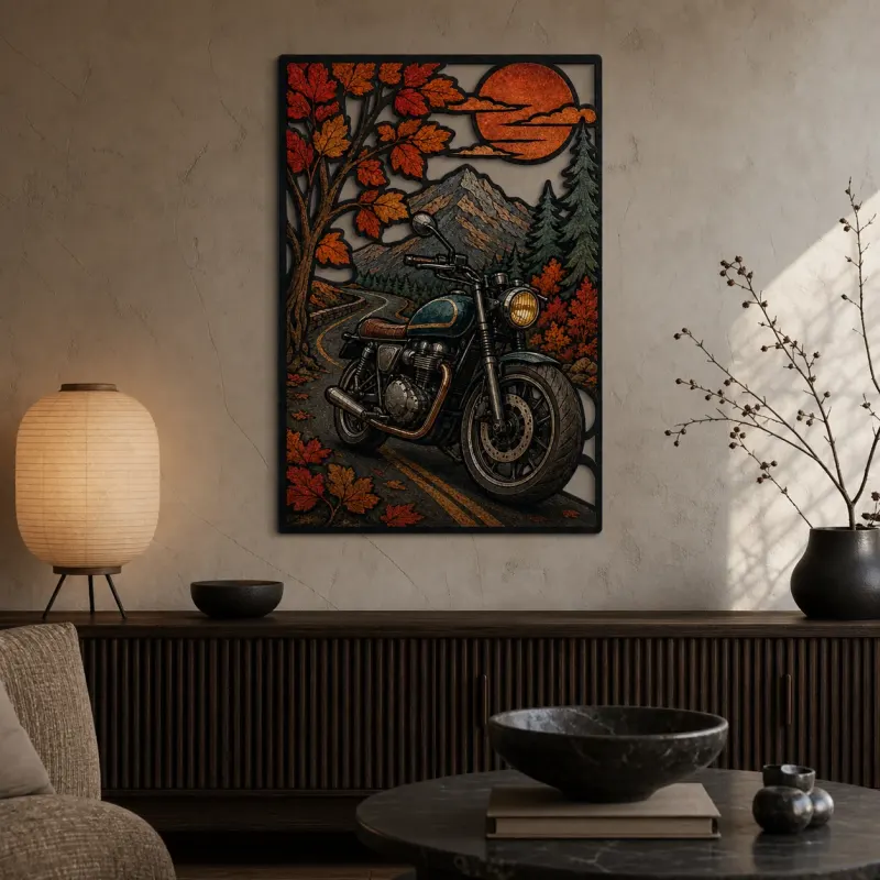 Classic Motorcycle on Autumn Mountain Road Colorful Metal Wall Art