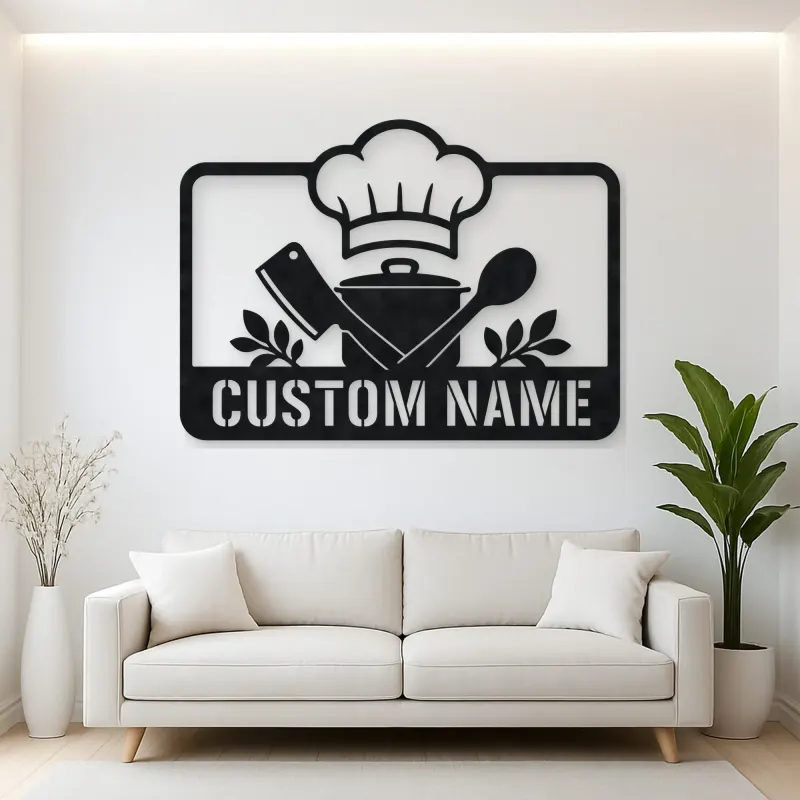 Personalized Chef Kitchen Metal Wall Art with Cooking Tools