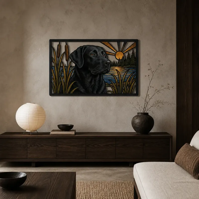 Black Labrador by Lake Cattails at Sunrise Colorful Metal Wall Art