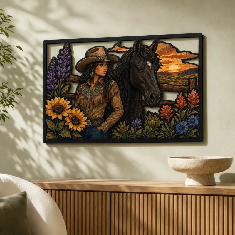 Cowgirl with Black Horse and Mountain Wildflowers Colorful Metal Wall Art