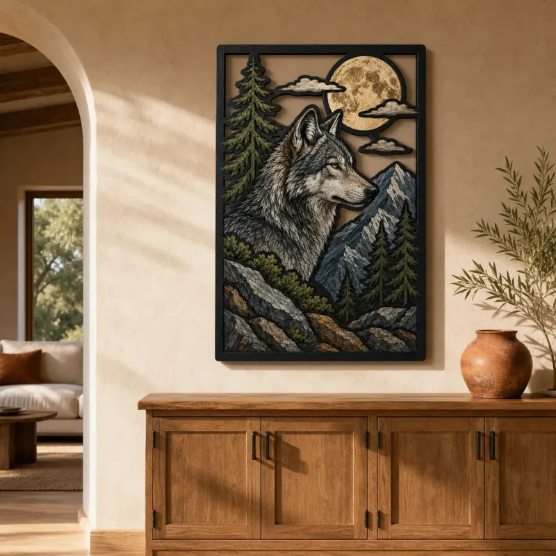 Gray Wolf in Mountain Forest under Full Moon Colorful Metal Wall Art