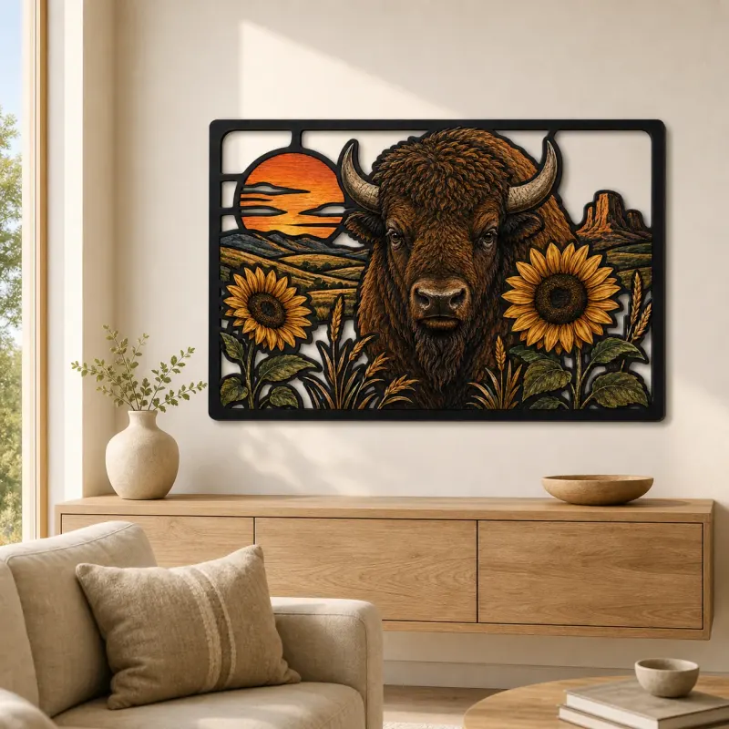 Bison with Sunflowers in Western Landscape Colorful Metal Wall Art