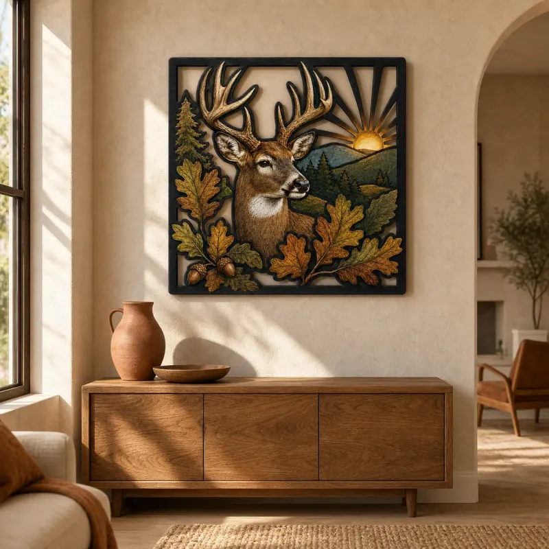 Whitetail Deer with Autumn Oak Leaves and Sunrise Colorful Metal Wall Art
