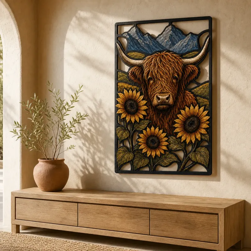 Highland Cow with Sunflowers and Mountain Landscape Colorful Metal Wall Art