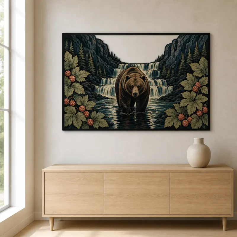 Brown Bear Standing in Mountain Waterfall Colorful Metal Wall Art