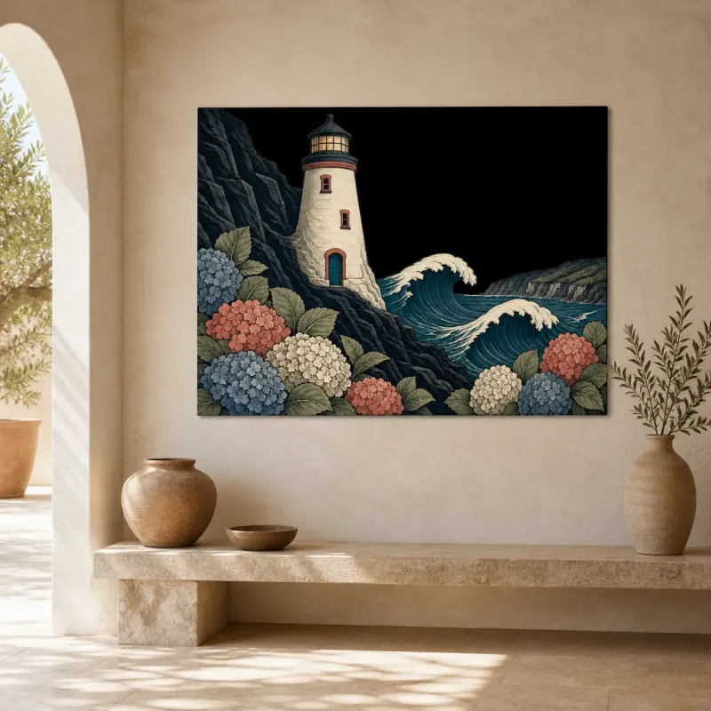 Coastal Lighthouse with Hydrangeas and Ocean Waves Colorful Metal Wall Art