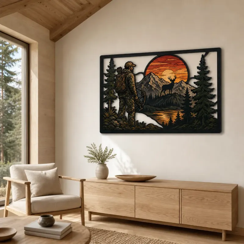 Hunter Watching Elk in Mountain Sunset Colorful Metal Wall Art