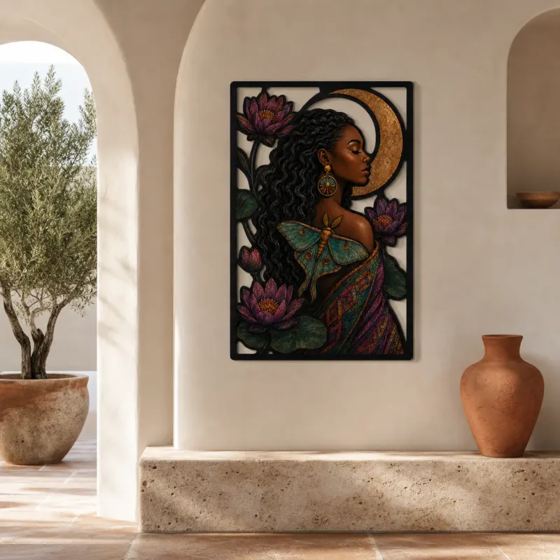Afro Woman with Luna Moth Lotus and Crescent Moon Colorful Metal Wall Art