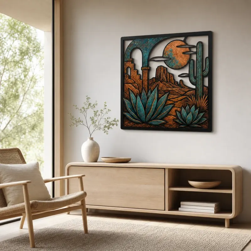 Mid Century Desert Arch with Agave and Cactus Colorful Metal Wall Art