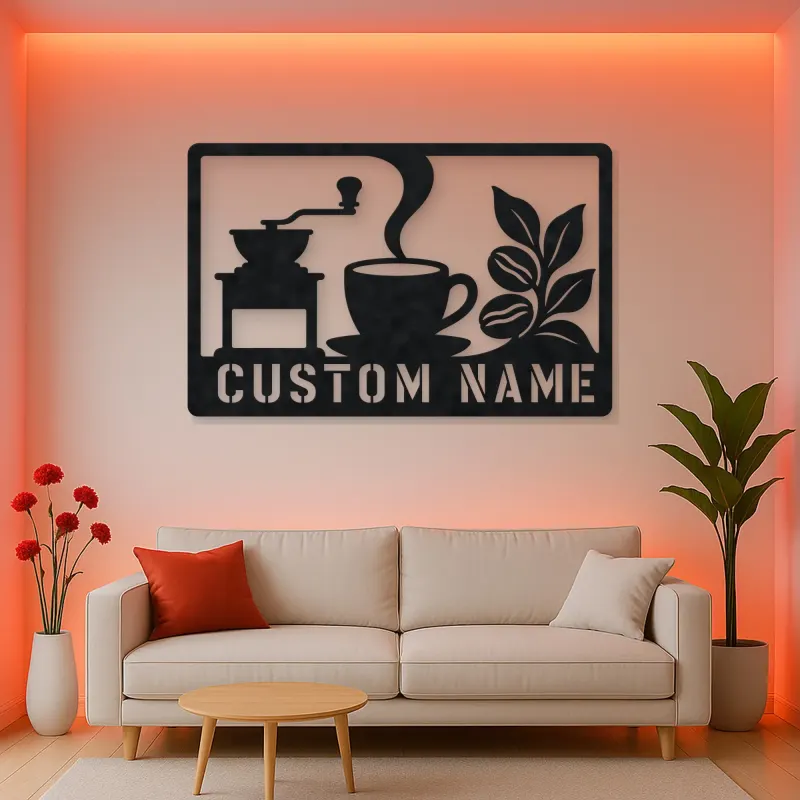 Personalized Coffee Station Metal Wall Art with Grinder