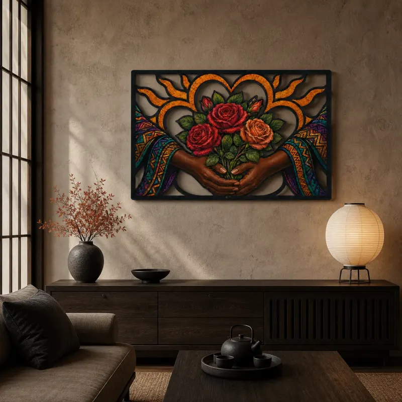Hands Holding Rose Bouquet inside Heart Colorful Metal Wall Art