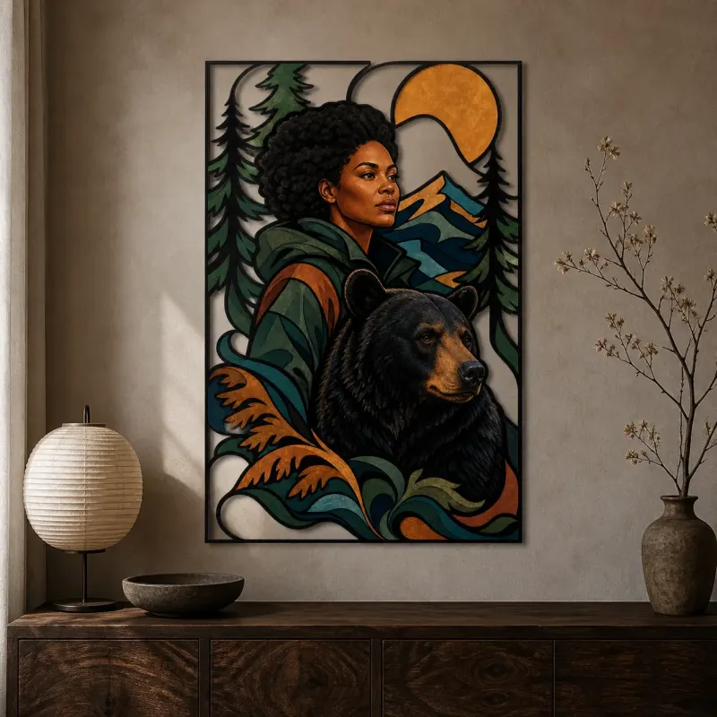 Black Woman with Bear in Mountain Forest Colorful Metal Wall Art