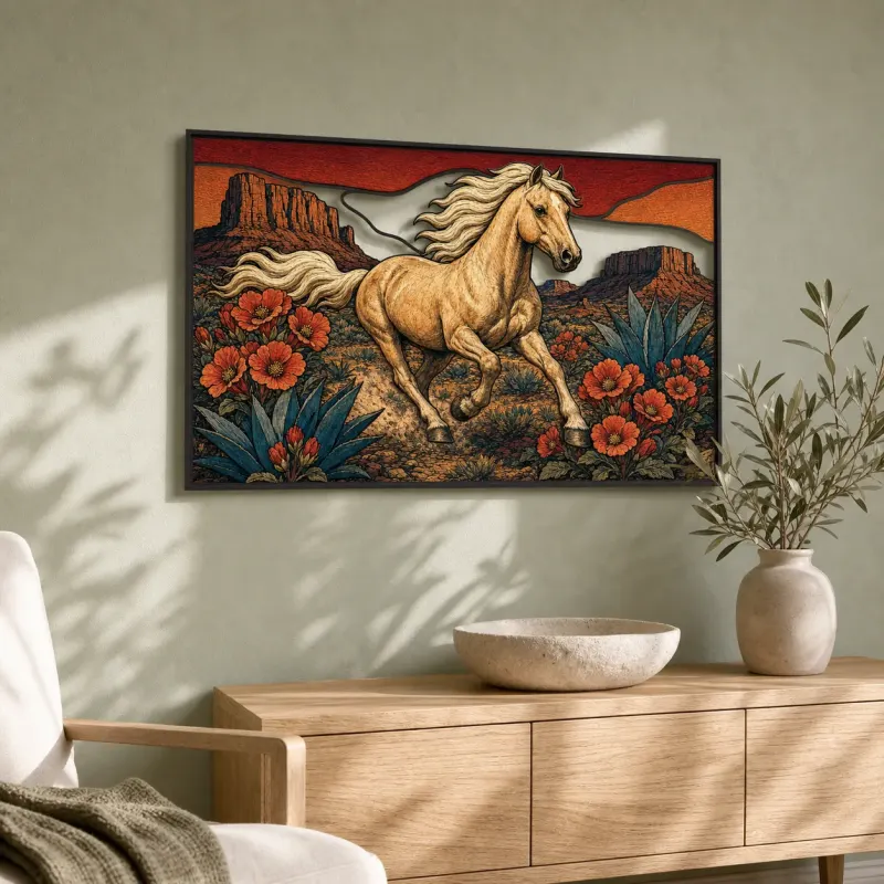 White Horse Running through Southwest Desert Colorful Metal Wall Art