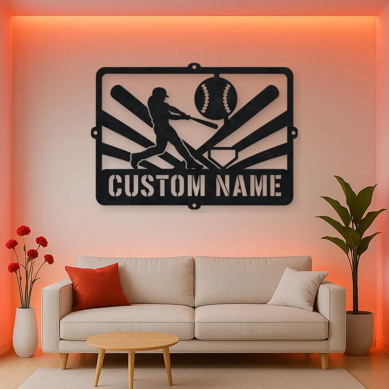 Personalized Baseball Batter Metal Wall Art with Ball Diamond