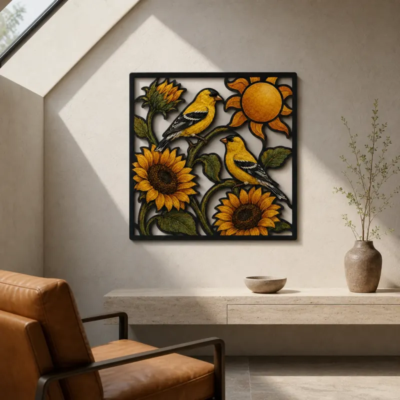Goldfinch Pair with Sunflowers and Golden Sun Colorful Metal Wall Art