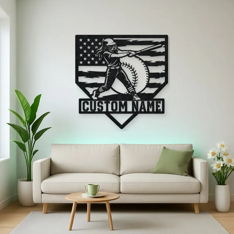 Personalized Female Softball Power Swing American Flag Metal Wall Art