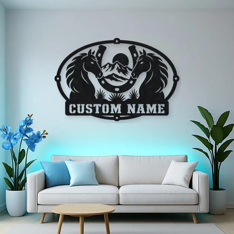 Personalized Two Horse Metal Wall Art with Horseshoe Frame