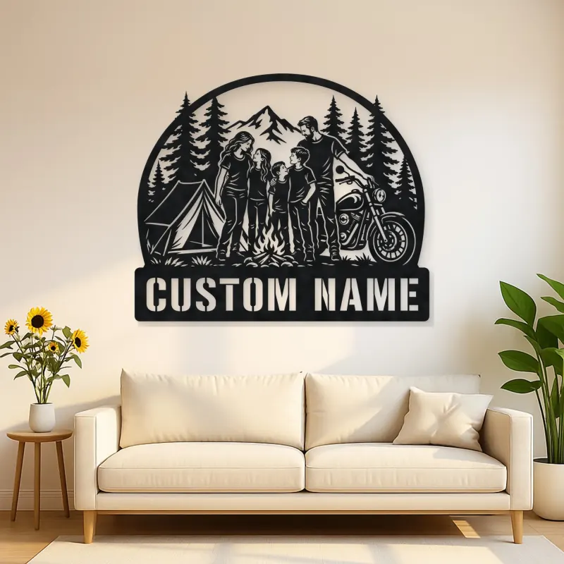 Personalized Family of Five Camping Motorcycle Metal Wall Art