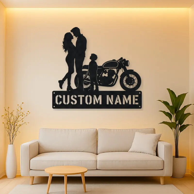 Personalized Cafe Racer Family of Three Metal Wall Art