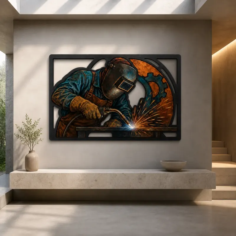 Welder at Work with Sparks and Gears Colorful Metal Wall Art