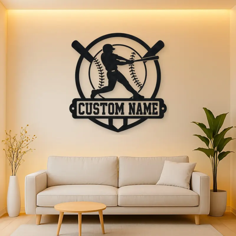Personalized Baseball Batter Crossed Bats Metal Wall Art