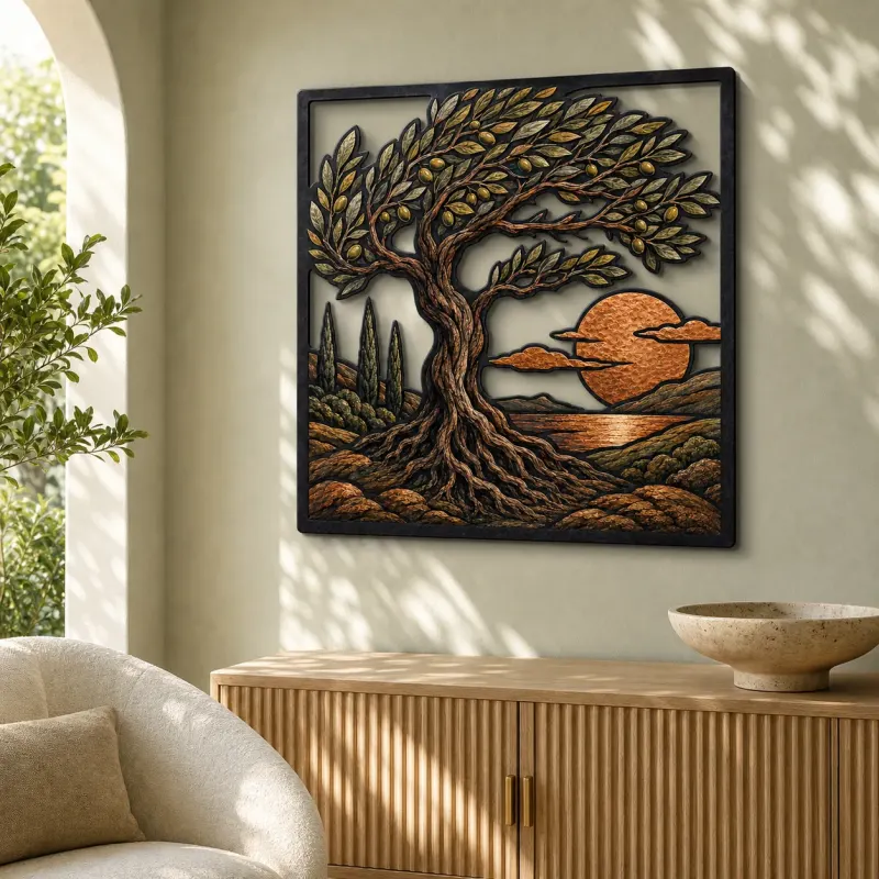 Windblown Olive Tree over Coastal Sunset Colorful Metal Wall Art