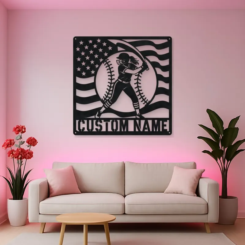 Personalized Female Softball Follow Through Flag Metal Wall Art