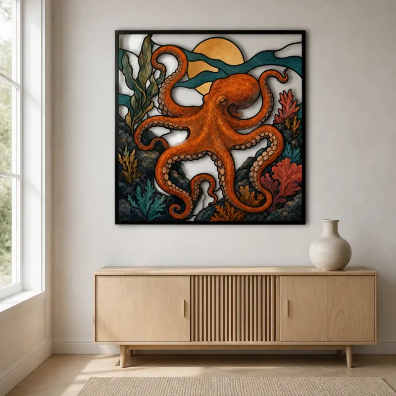 Orange Octopus with Coral beneath Copper Moon Colorful Metal Wall Art