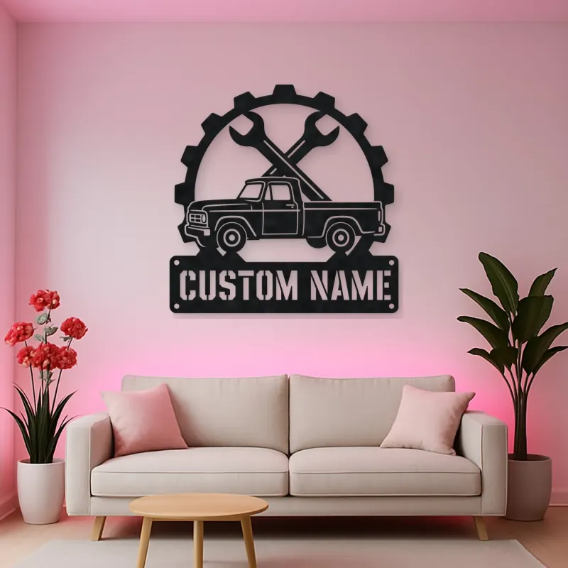 Personalized Vintage Pickup Truck Metal Wall Art with Wrench Detail