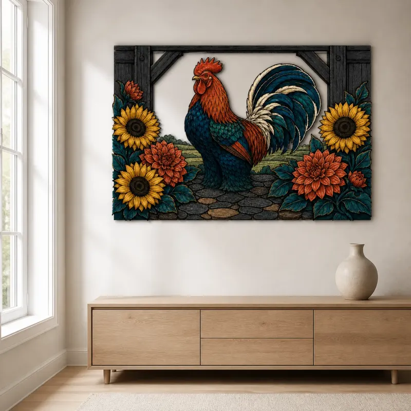 Proud Rooster with Sunflowers by Rustic Barn Colorful Metal Wall Art