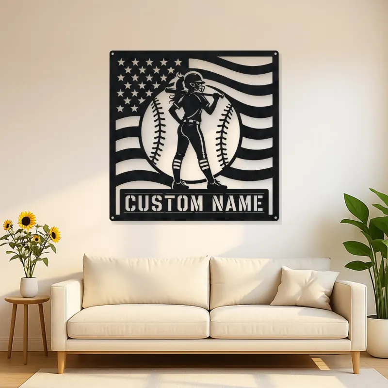 Personalized Female Softball Player Bat on Shoulder Metal Wall Art