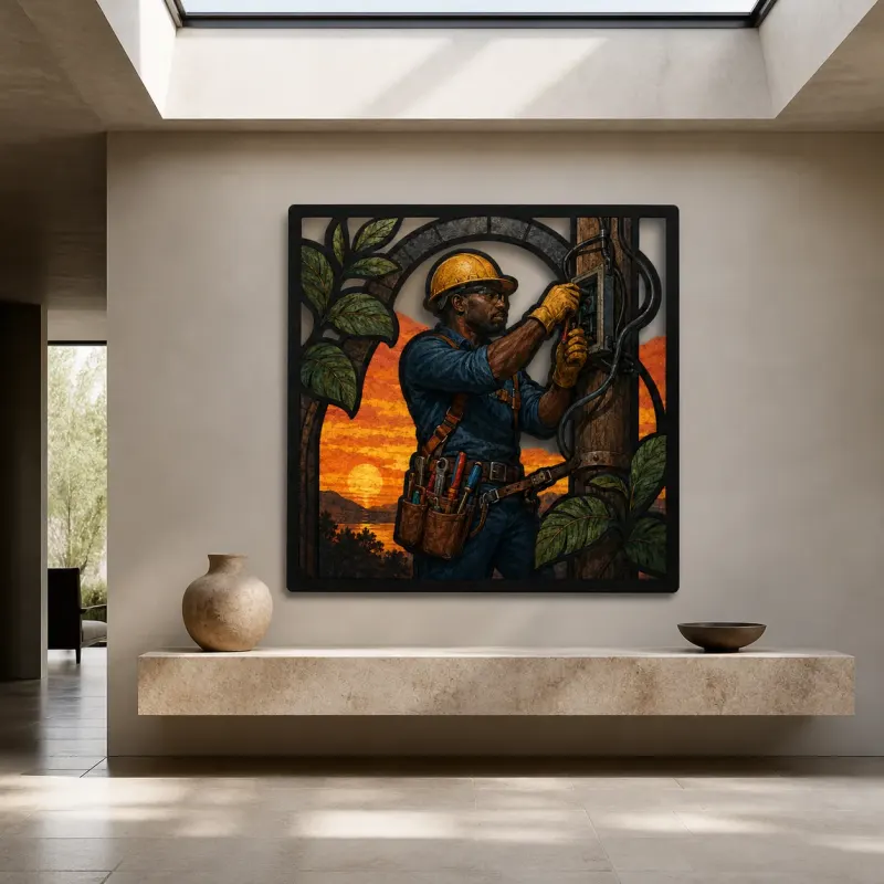 Electrician Working on Panel at Sunset Colorful Metal Wall Art