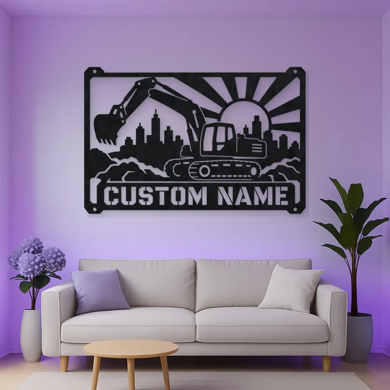 Personalized Excavator Metal Wall Art with Construction Skyline