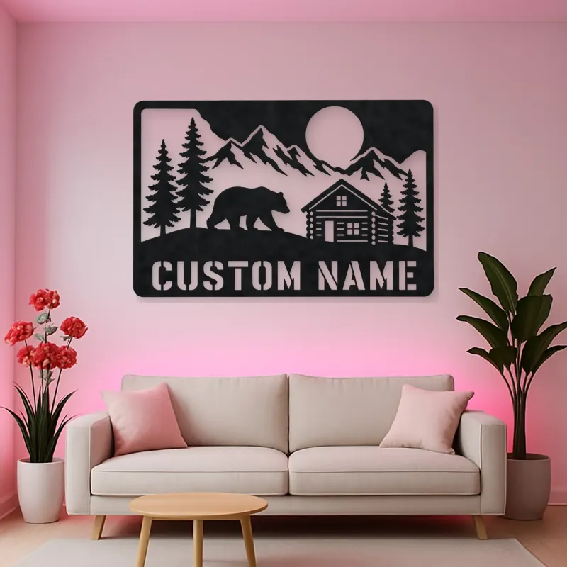 Personalized Bear and Log Cabin Metal Wall Art