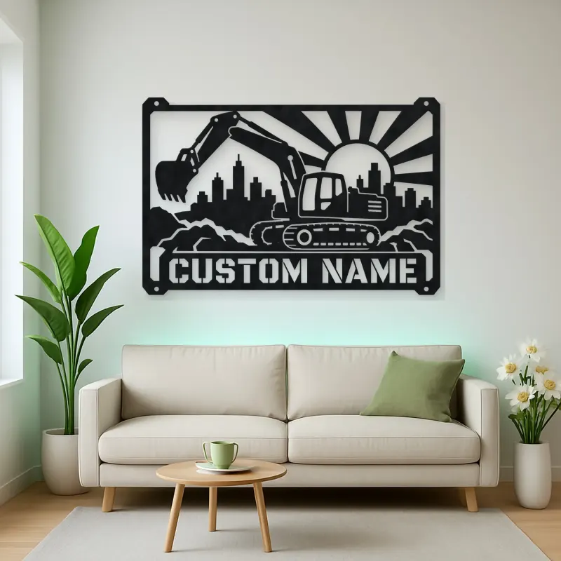 Personalized Excavator Metal Wall Art with Construction Skyline